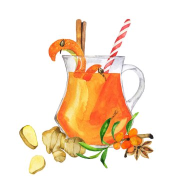 Tarçın, zencefil, yıldız anason ve topalak beyaz arka plan üzerinde izole ile sıcak bitkisel çay fincan. El suluboya resim çekilmiş. 