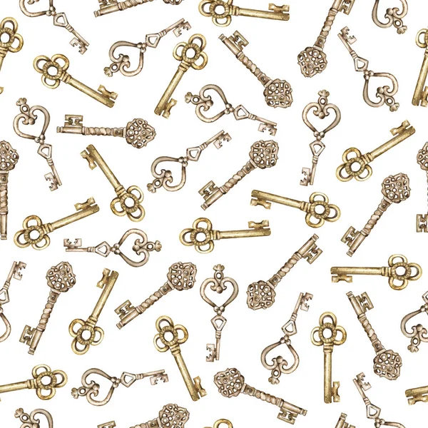 Seamless pattern with golden vintage keys on white background. Hand drawn watercolor illustration.