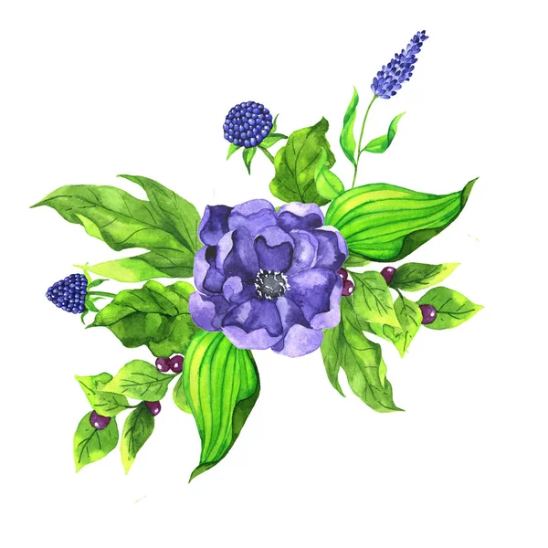 Große Blaue Blüten Grüne Blätter Und Blaue Beeren Bouquet Isoliert — Stockfoto