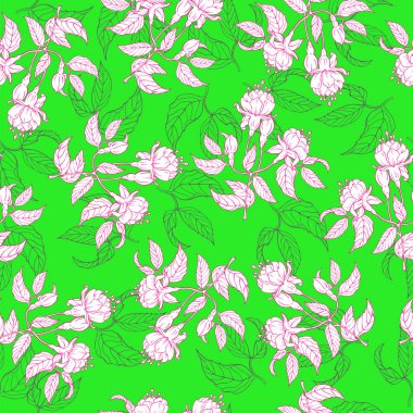 Güzel çiçekler ve yapraklar yeşil arka plan ile Seamless modeli. Çizilmiş vektör çizim el. 
