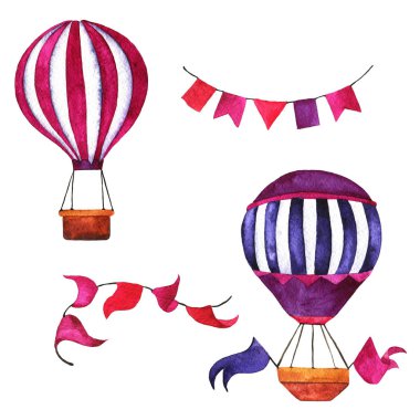 Beyaz arka plan üzerinde izole bayrakhalatları ile sıcak hava balonları ayarlayın. El çizilmiş suluboya illüstrasyon.