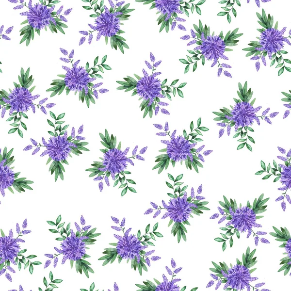 Seamless Pattern Lilac Flowers Green Leaves White Background Hand Drawn — Stock Photo, Image