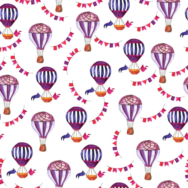 Naadloos Patroon Met Violet Hete Lucht Ballonnen Kleurrijke Vlaggen Witte — Stockfoto