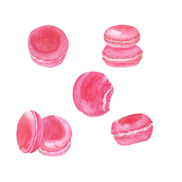 Set Pastel Pink Macarons Isolated White Background Hand Drawn Watercolor — Stock Photo, Image