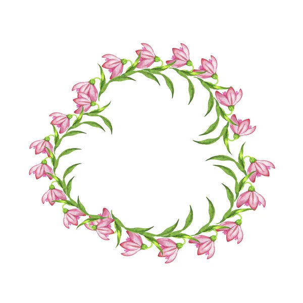 Pink Spring Flowers Frame Isolated White Background Hand Drawn Watercolor — Stock Photo, Image