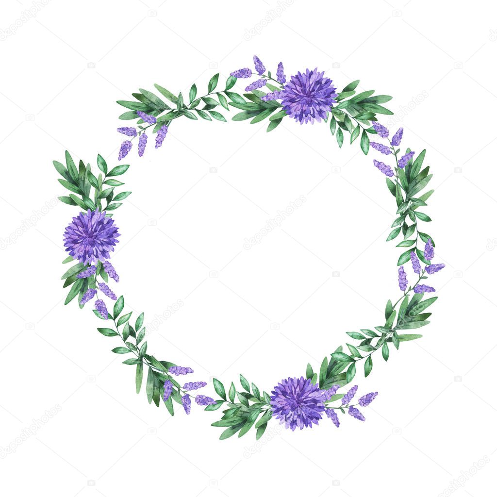 Lilac flowers and green leaves border isolated on white background. Design for wedding invitation or greeting card. Hand drawn watercolor illustration.