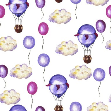 Pastel leylak sıcak hava balonları, pembe ve mor balonlar ve beyaz arka plan üzerinde bulutlar ile dikişsiz desen. El çizilmiş suluboya illüstrasyon.