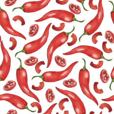 Beyaz arka plan üzerinde taze kırmızı biber ile Dikişsiz desen. El çizilmiş suluboya illüstrasyon. 