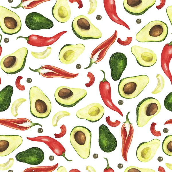 Nahtloses Muster Mit Frischer Avocado Kräutern Und Chilischoten Auf Weißem — Stockfoto