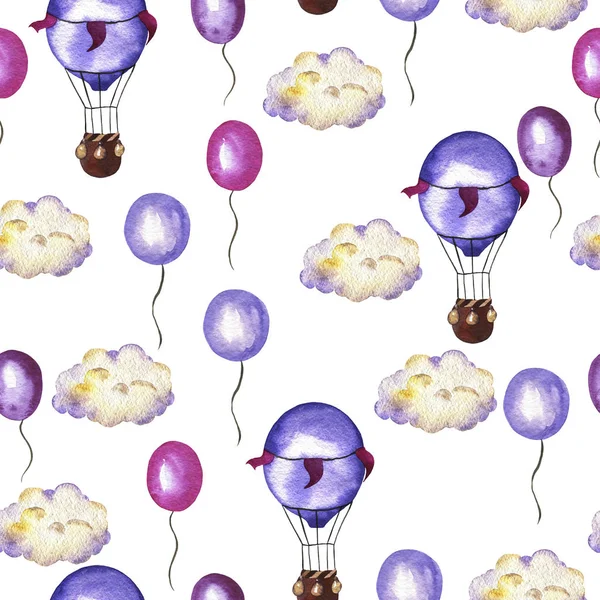 Seamless pattern with pastel lilac hot air balloons, pink and purple balloons and clouds on white background. Hand drawn watercolor illustration.