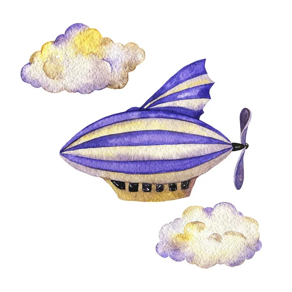 Conjunto Dirigível Nuvens Isoladas Sobre Fundo Branco Ilustração Aquarela Desenhada — Fotografia de Stock