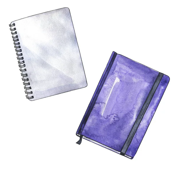 Set of empty notebook and lilac book isolated on white background. Hand drawn watercolor and ink illustration.