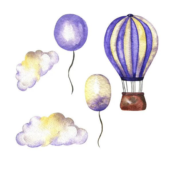 Set of hot air balloon, cloud and small balloons isolated on white background. Hand drawn watercolor illustration.