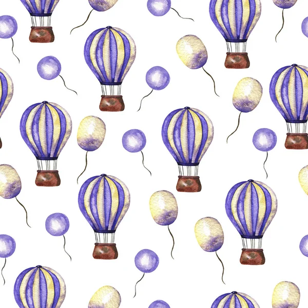Naadloos Patroon Met Pastel Lila Lucht Ballonnen Witte Achtergrond Hand — Stockfoto