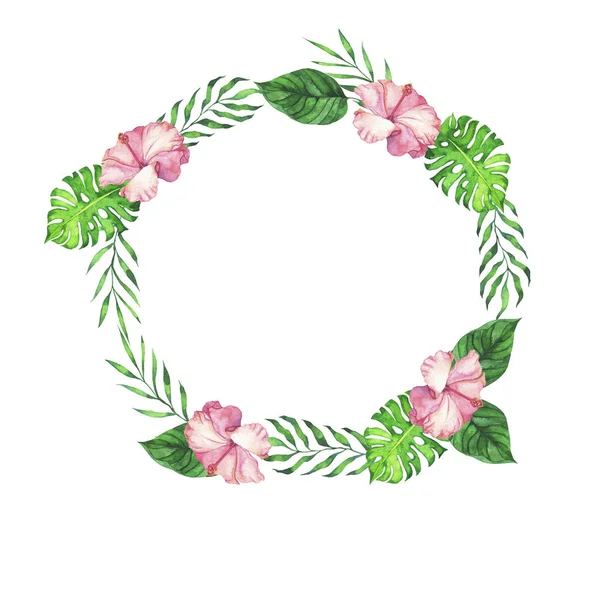 Tropické Růžové Květiny Zelené Listy Rámu Izolované Bílém Pozadí Akvarel — Stock fotografie