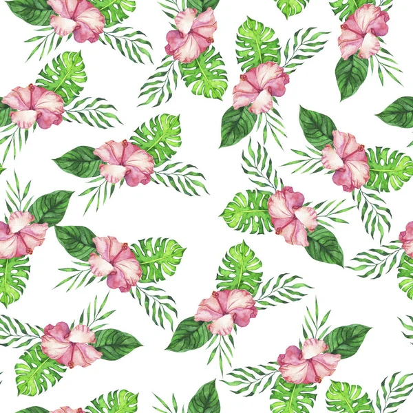 Patrón Sin Costuras Con Flores Hibisco Tropical Rosa Hojas Palma — Foto de Stock