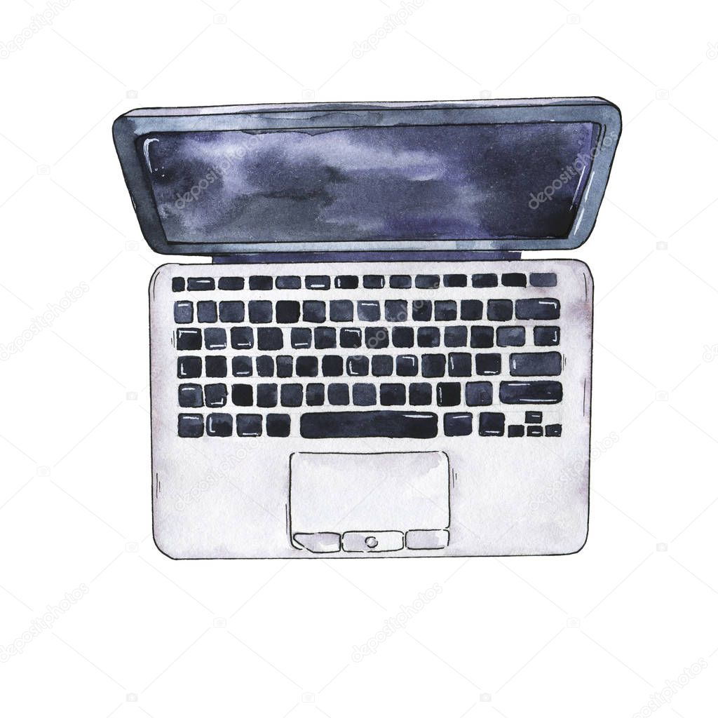 Laptop isolated on white background. Hand drawn watercolor and ink illustration. 