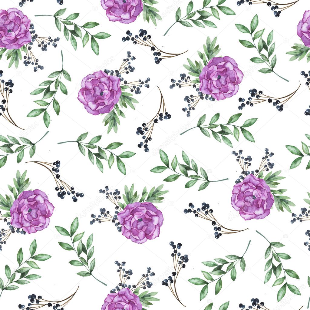 Seamless pattern with pink roses and decorative flowers on white background. Hand drawn watercolor illustration.