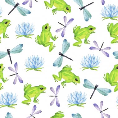 Seamless pattern with blue and lilac dragonfly, green frogs and blue lake flowers on white background. Hand drawn watercolor illustration. - Illustration clipart