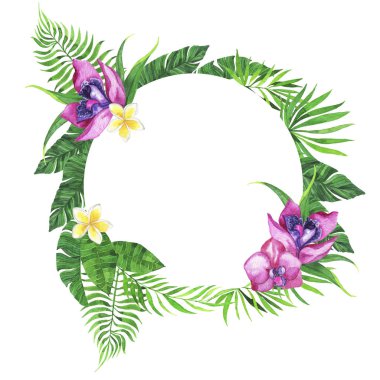 Taze yeşil tropikal yaprakları, beyaz ve pembe orkide çiçekleri yuvarlak çerçeve beyaz arka plan üzerinde izole. Elle çizilmiş suluboya illüstrasyon. - İllüstrasyon
