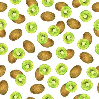 Taze kivi meyve, beyaz arka plan üzerinde kivi dilimleri ile Dikişsiz desen. El çizilmiş suluboya illüstrasyon.