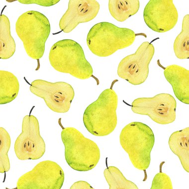 Beyaz arka plan üzerinde taze yeşil ve sarı armut ile Dikişsiz desen. El çizilmiş suluboya illüstrasyon