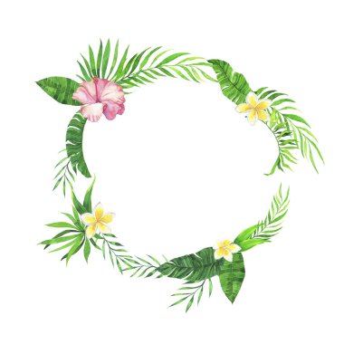 Dekoratif pembe ebegümeci tropikal çiçekler ve beyaz arka plan üzerinde izole çerçeve yaprakları. El çizilmiş suluboya illüstrasyon.