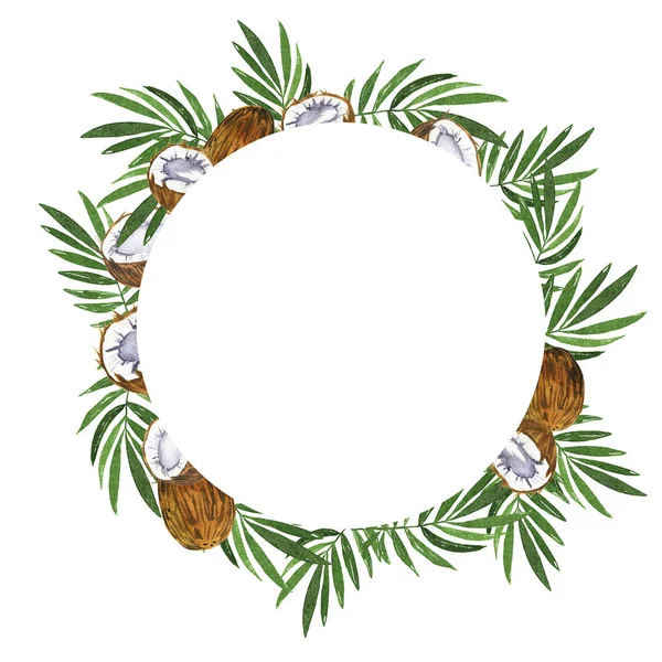 椰子和棕榈叶框架隔离在白色背景上 手绘水彩插图 — 图库照片