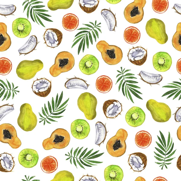 Seamless Pattern Fresh Tropical Fruit Coconut Papaya Kiwi Orange White — Stock Photo, Image