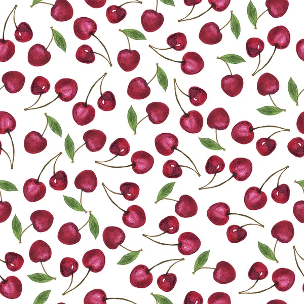 Seamless Pattern Fresh Red Cherries White Background Hand Drawn Watercolor — Stock Photo, Image