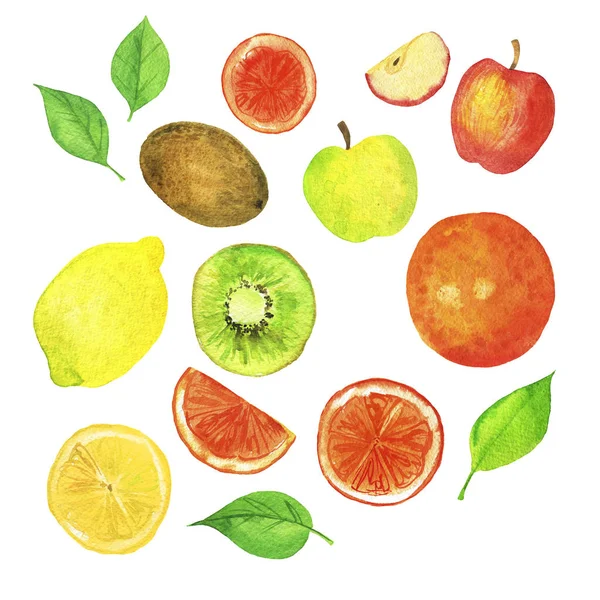 Soubor Čerstvých Plodů Ovocných Řezů Izolovaných Bílém Pozadí Listy Jablek — Stock fotografie