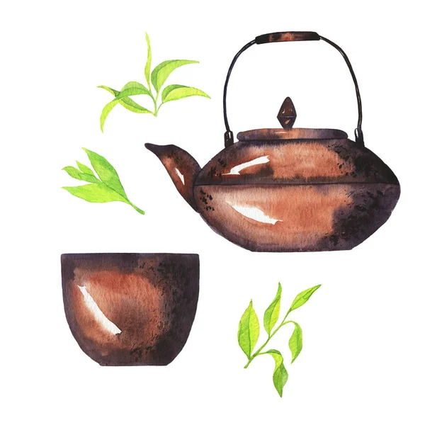 白色背景上的茶壶和杯子插图的特写视图 — 图库照片