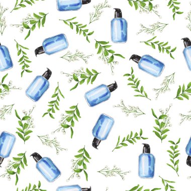 Parfüm şişeleri ve çiçek yaprakları ile renkli el çizilmiş