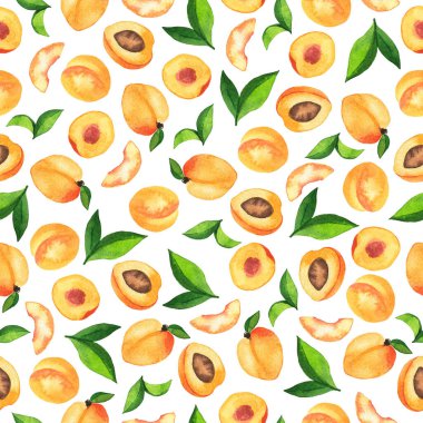 Taze kayısıları ve beyaz arka planda yeşil yaprakları olan kusursuz bir desen. El çizimi suluboya çizimi.