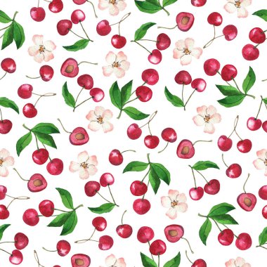 Beyaz arka planda kiraz çileği, yeşil yapraklar ve beyaz çiçeklerle kusursuz desen. El çizimi suluboya çizimi.