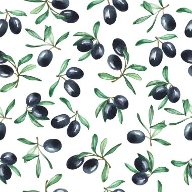 Beyaz arka planda siyah zeytin dalları olan kusursuz bir desen. El çizimi suluboya çizimi.