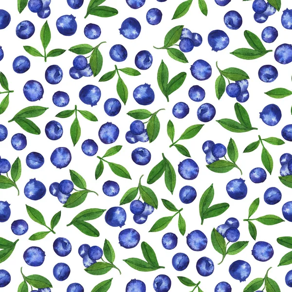 无缝图案 蓝莓和绿叶 白色背景 手绘水彩画 — 图库照片