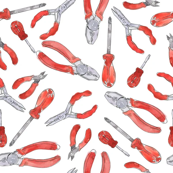 Бесшовный Рисунок Красными Плоскогубцами Отвертками Белом Фоне Ручной Рисунок Акварелью — стоковое фото