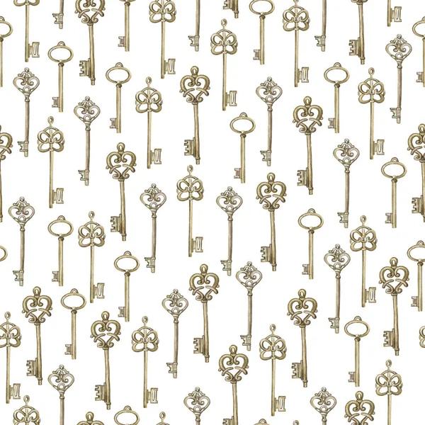 Seamless pattern with old golden keys on white background. Hand drawn watercolor illustration.