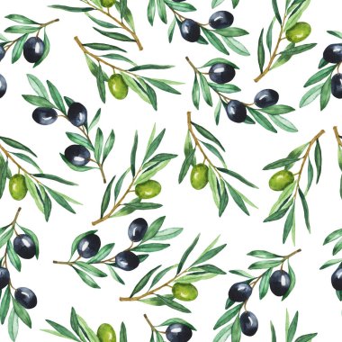 Beyaz arka planda siyah ve yeşil zeytin dalları olan kusursuz bir desen. El çizimi suluboya çizimi.