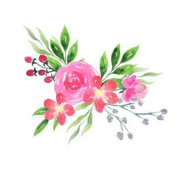 Beyaz arka planda pembe gül ve yeşil yaprak buketi. El çizimi suluboya çizimi.