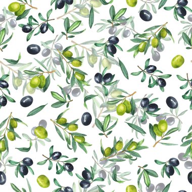 Siyah ve yeşil zeytin dutları ve dallarla kusursuz desen. El çizimi suluboya çizimi.