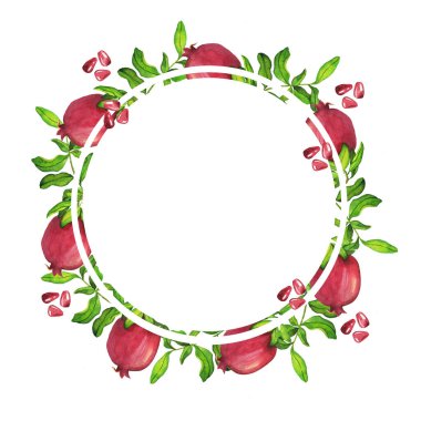 Taze kırmızı nar meyvesi, nar tohumları ve yeşil yapraklar beyaz arka planda izole edilmiş. El çizimi suluboya çizimi.