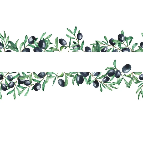 Seamless Border Dark Olive Branches Leaves White Background Hand Drawn — Stock Photo, Image