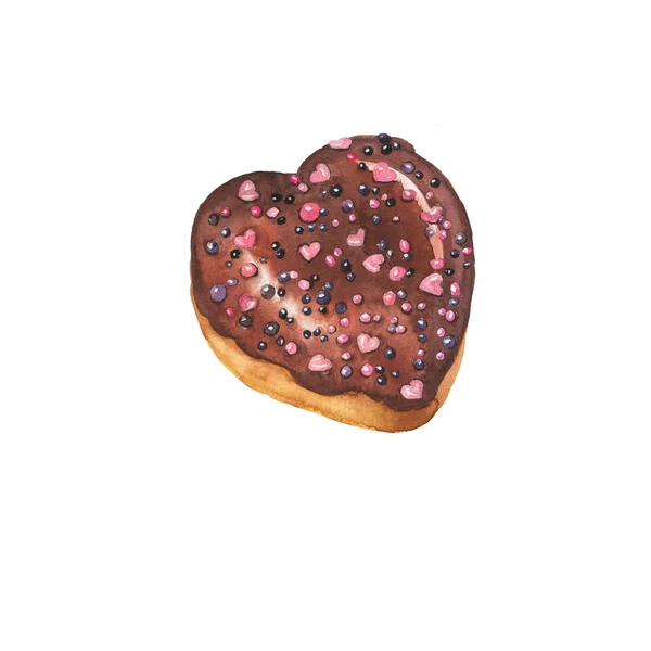 巧克力心甜甜圈与巧克力洒水分离的白色背景 手绘水彩画 — 图库照片