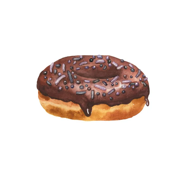 Sød Kakaodonut Med Chokoladedrys Isoleret Hvid Baggrund Håndtegnet Akvarel Illustration - Stock-foto