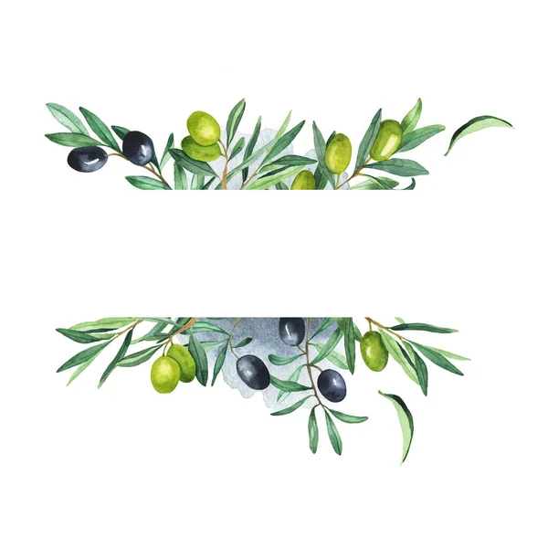 Dark Green Olives Green Leaves Border White Background Grey Drops — Stock Photo, Image