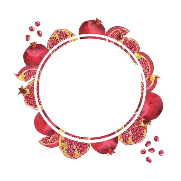 Frische Rote Granatapfelfrüchte Umrahmen Isoliert Auf Weißem Hintergrund Handgezeichnete Aquarell — Stockfoto