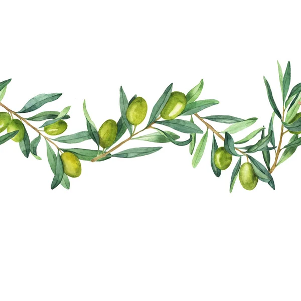Sömlös Gräns Med Gröna Olivkvistar Vit Bakgrund Handritad Akvarell Illustration — Stockfoto