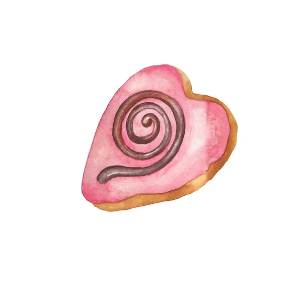 可爱的心粉红甜甜圈与巧克力分离的白色背景 手绘水彩画 — 图库照片